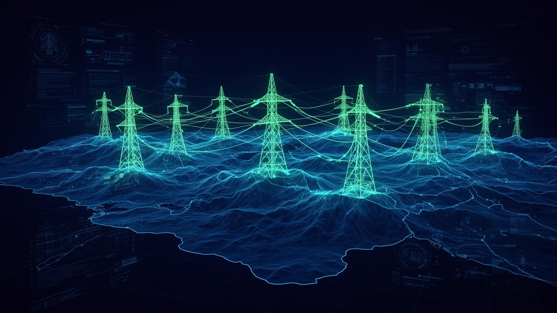 High-voltage transmission lines at sunset — AI-powered grid planning by NeuroGrid